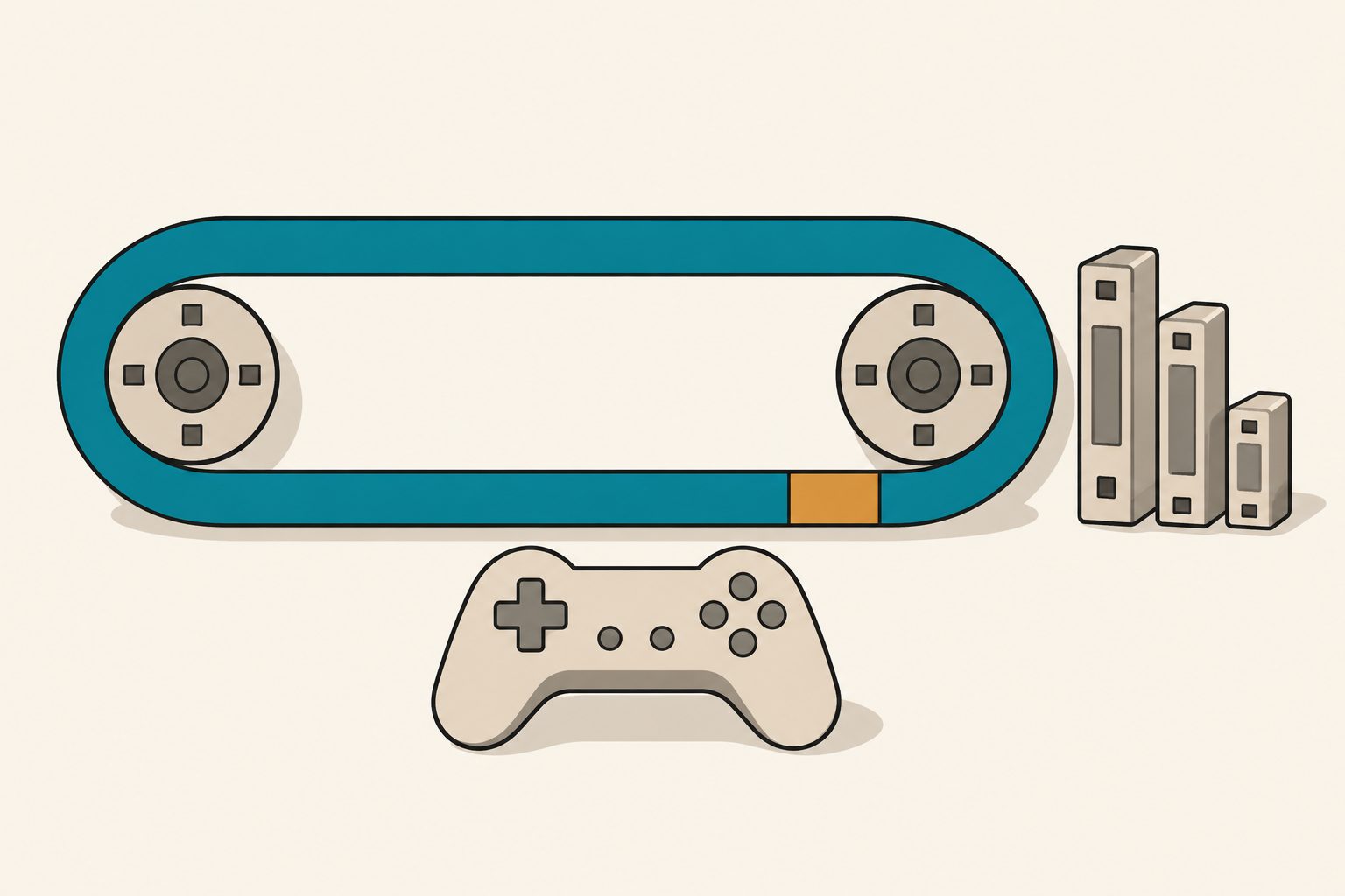 A loop of teal audio tape around two rollers with one amber gap at the splice, a game controller below and three sound cartridges of falling height