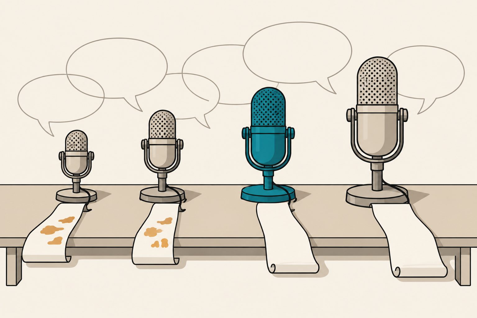 Four desk microphones of rising size on a long table, transcript strips curling from each; the two smallest strips carry amber smudges and the mid-sized teal one is clean